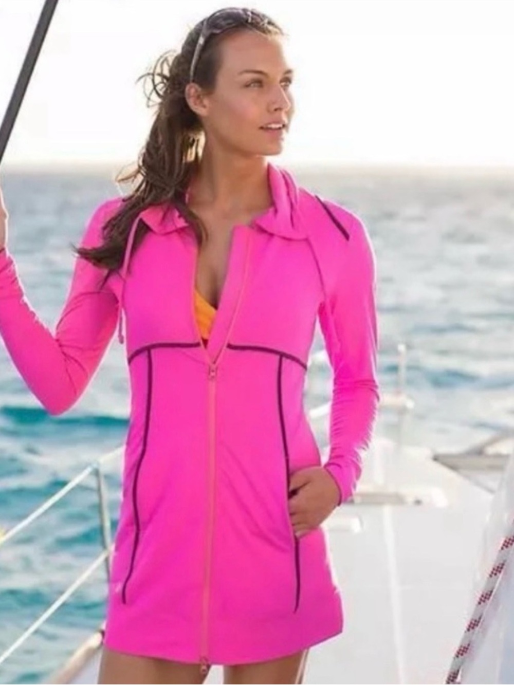 Athleta Hot Pink Zip Front Swim Cover-Up with Black Piping